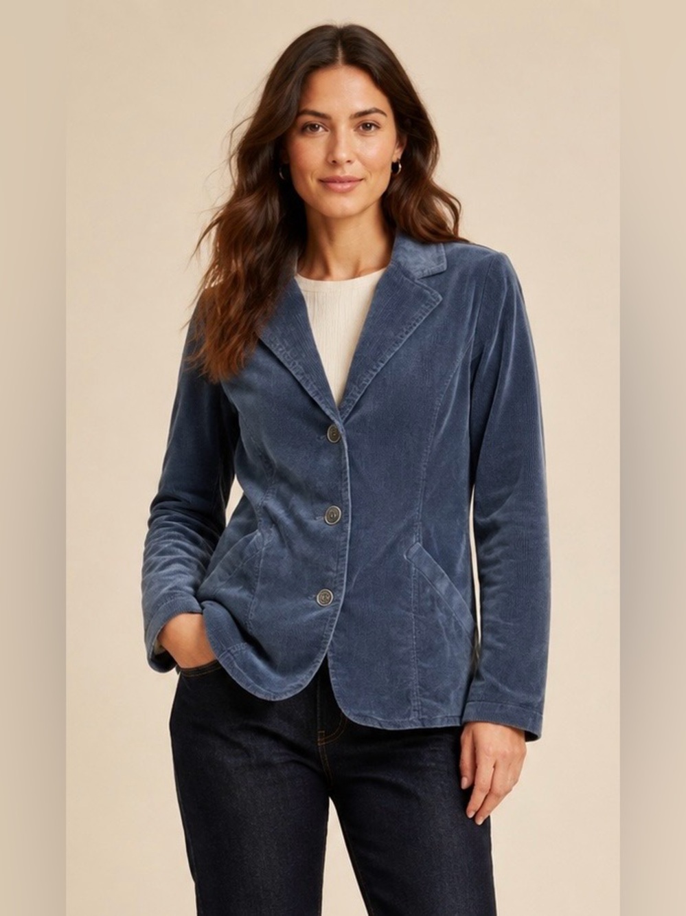 D & Co Blue Gray Preppy Corduroy Blazer, 3 Blue & Gold-Toned Buttons & Pockets M